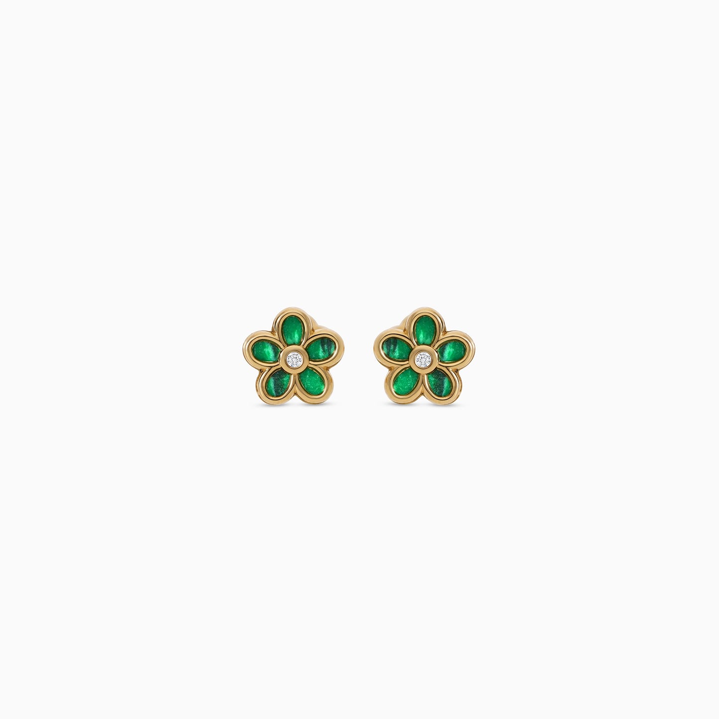 18k Yellow Gold Flower Earrings with Malachite & Zircon Stone | Spanish Kids Collection