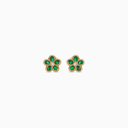 18k Yellow Gold Flower Earrings with Malachite & Zircon Stone | Spanish Kids Collection