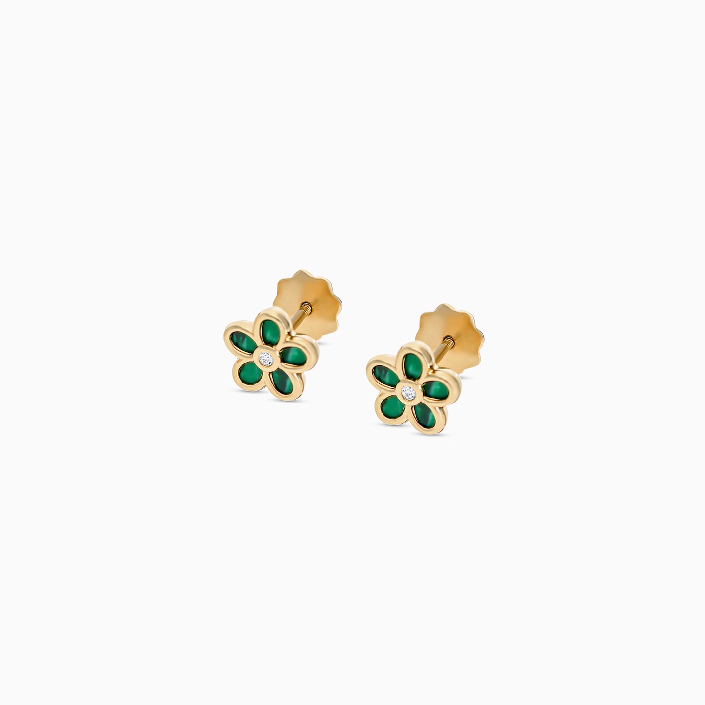 18k Yellow Gold Flower Earrings with Malachite & Zircon Stone | Spanish Kids Collection