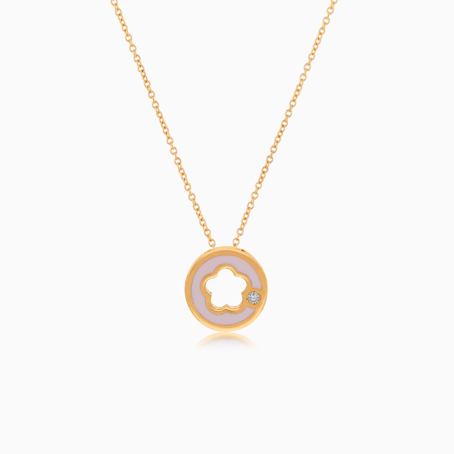 18K YELLOW GOLD NECKLACE DECORATED BY NATURAL DIAMOND STONES AND PINK ENAMEL FOR KIDS