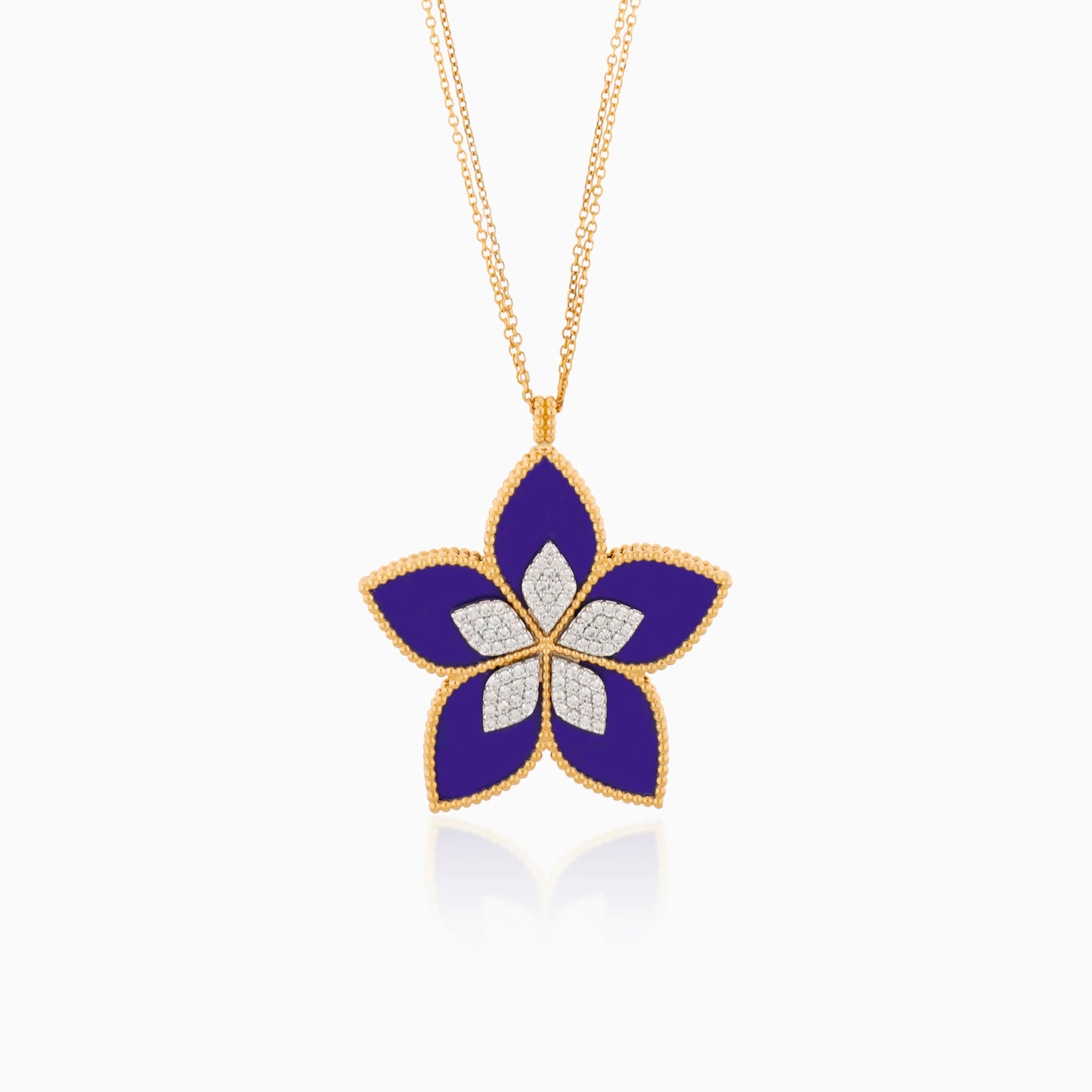 18K Yellow Gold Diamond & Lapis Lazuli Flower Long Necklace - Fortuna Diamond Collection