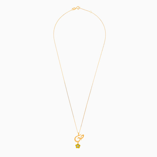 18k yellow gold kids necklace with letter saad with dangling yellow flower decorated with a single natural diamond in the centre