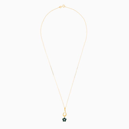 18k yellow gold kids necklace with letter laam with hanging green flower decorated with a single natural diamond in the centre
