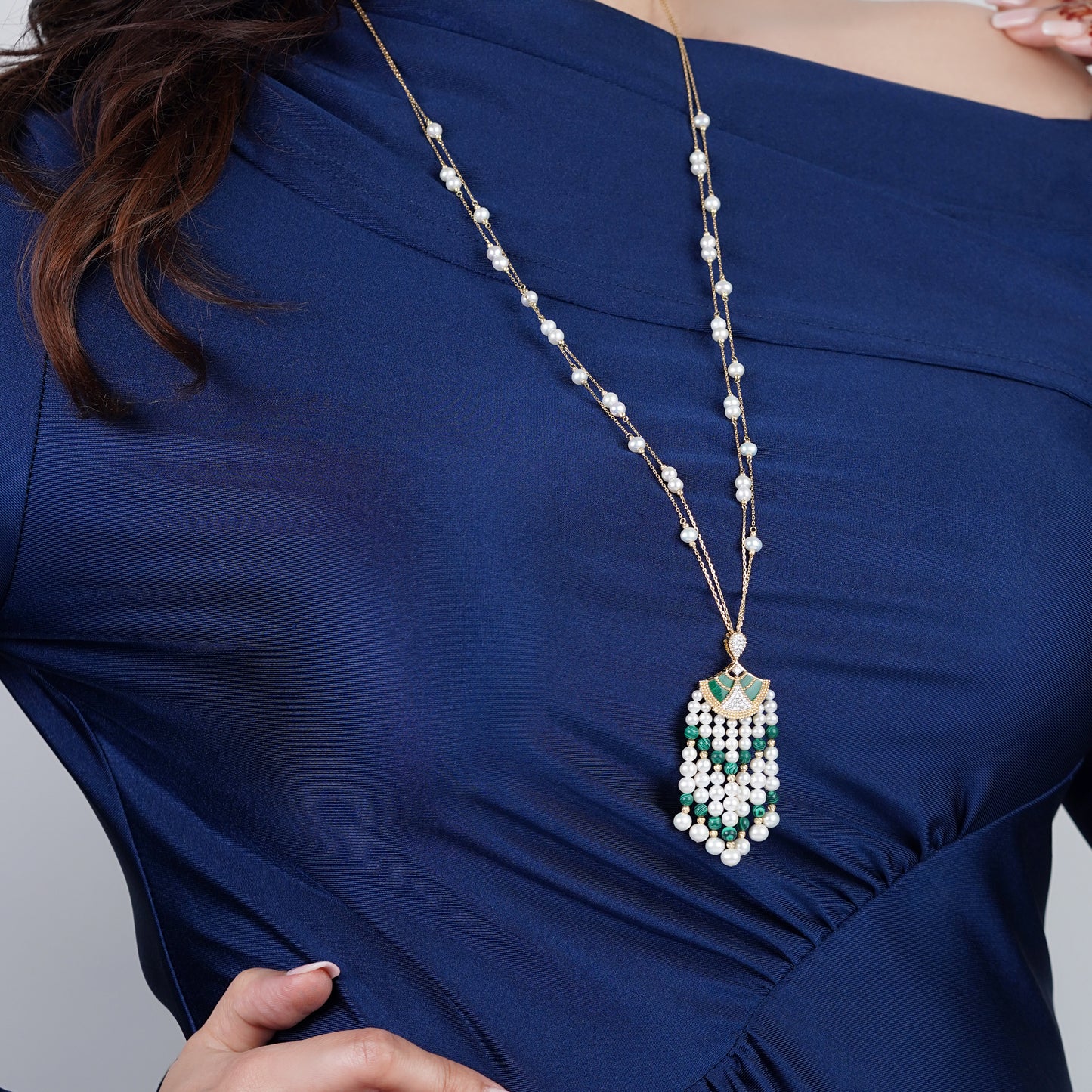 18K Yellow Gold Long Pearl Necklace with Natural Diamond and Malachite Stones