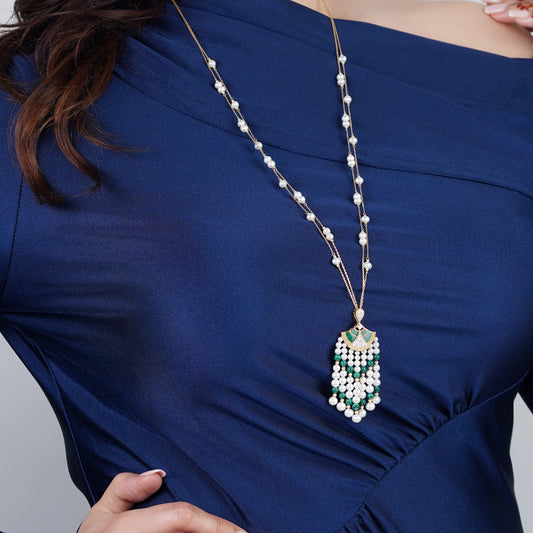 18K Yellow Gold Long Pearl Necklace with Natural Diamond and Malachite Stones