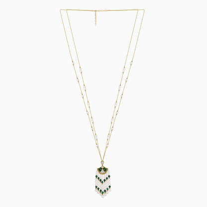 18K Yellow Gold Long Pearl Necklace with Natural Diamond and Malachite Stones