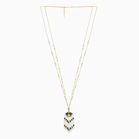 18K Yellow Gold Long Pearl Necklace with Natural Diamond and Malachite Stones