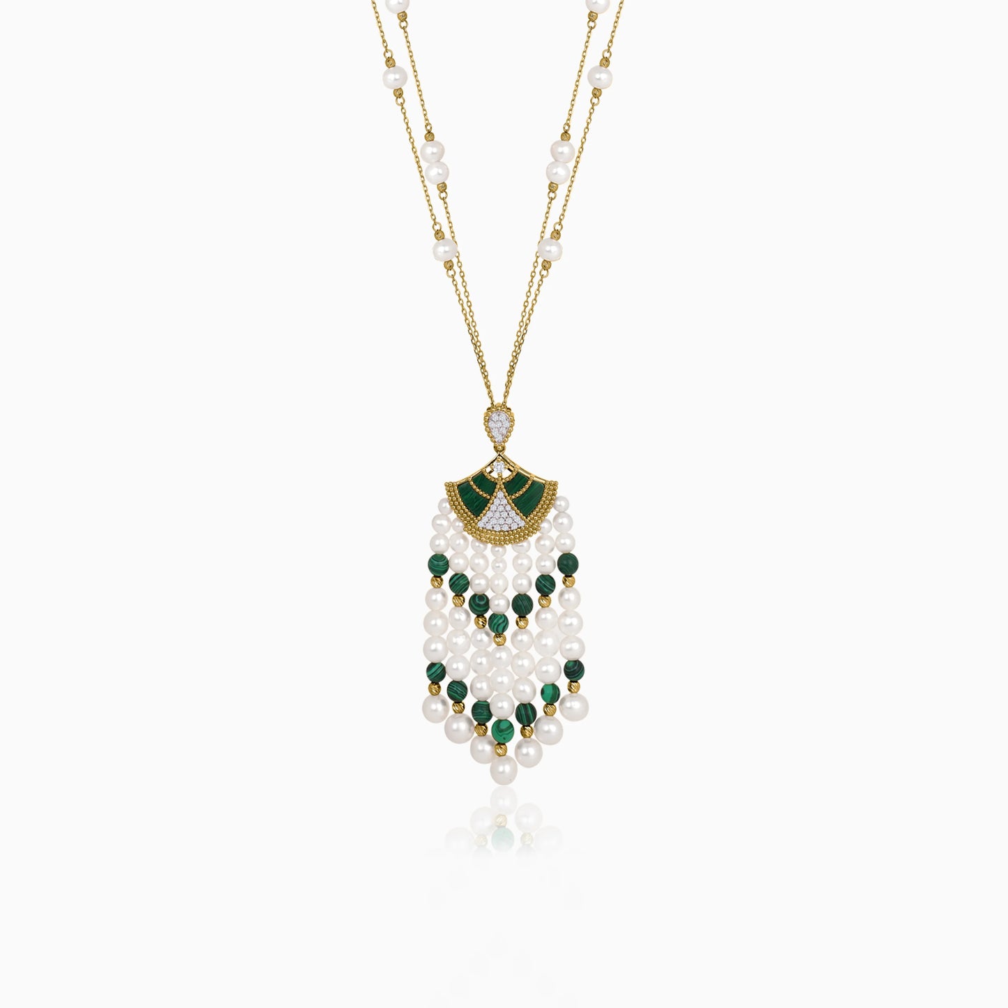 18K Yellow Gold Long Pearl Necklace with Natural Diamond and Malachite Stones