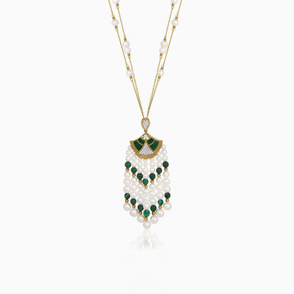 18K Yellow Gold Long Pearl Necklace with Natural Diamond and Malachite Stones