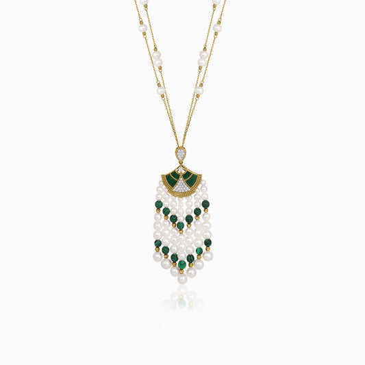 Danah 18K Yellow Gold Diamonds, Pearl and Malachite 2-layer Long Necklace