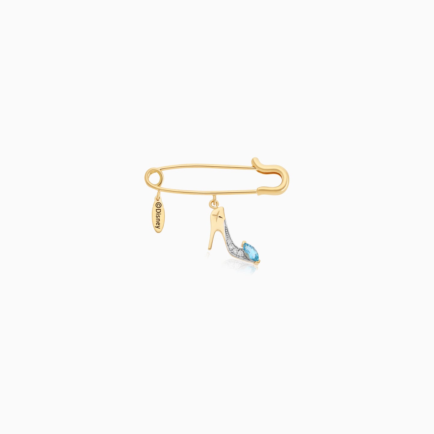 Brooch Disney Christmas Cinderella Snow White Slipper Shoe in 18k Yellow gold with natural diamond and blue topaz stones