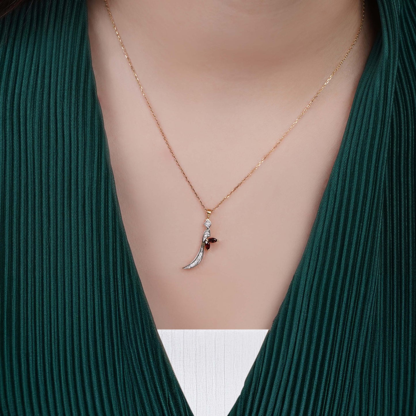 18k Yellow Gold 'Zaal' Arabic Letter Necklace with Natural Diamond & Garnet | Horoufi Diamond Collection