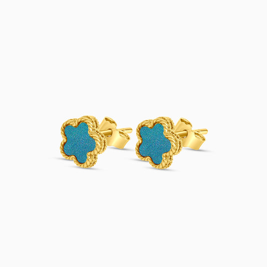 18k yellow gold earrings with double face pendant flower shape decorated with MOP and turquoise colour for kids - Vivante collection