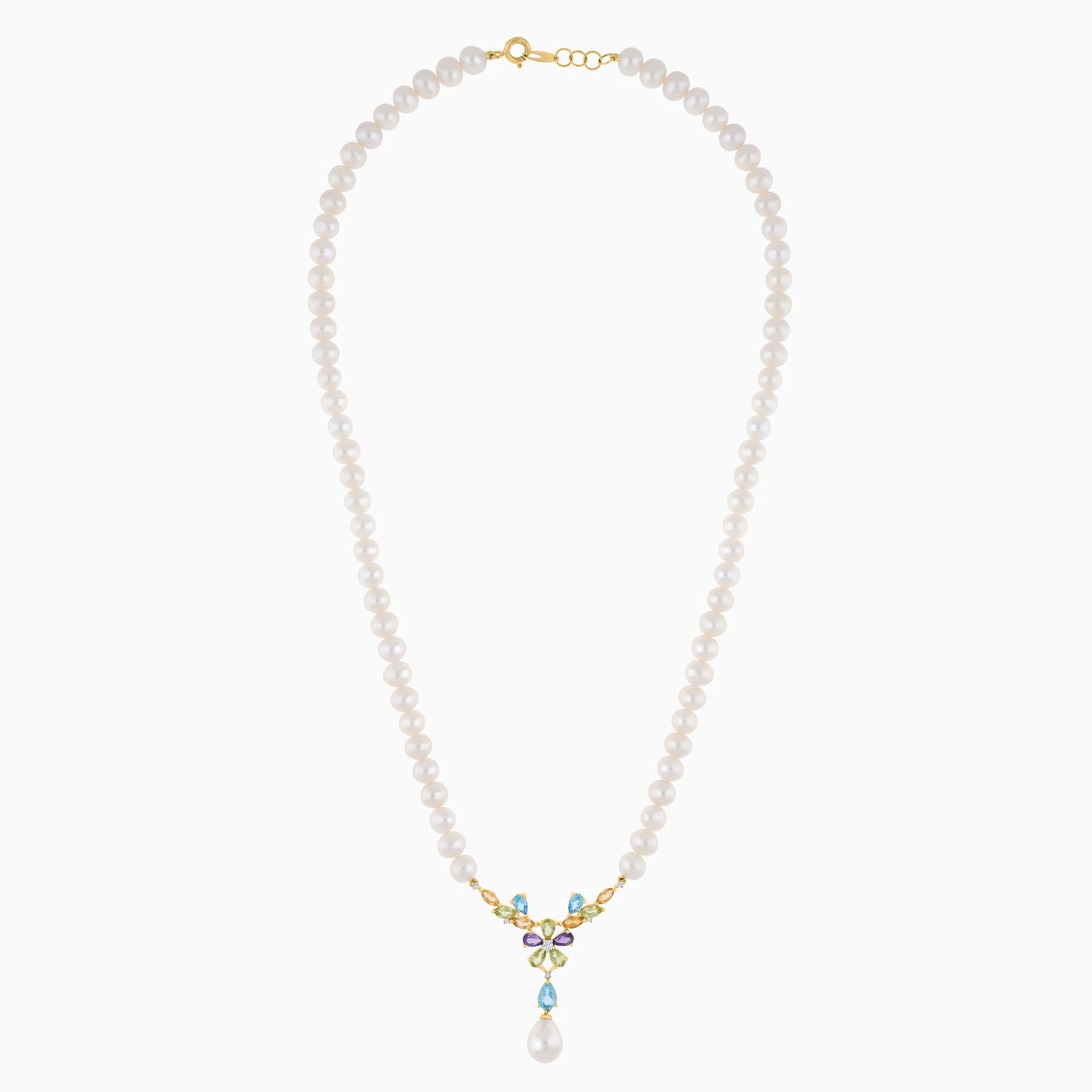 18K  YELLOW GOLD PEARL NECKLACE WITH NATURAL DIAMOND & GEMSTONES