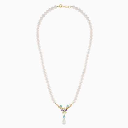 18K  YELLOW GOLD PEARL NECKLACE WITH NATURAL DIAMOND & GEMSTONES