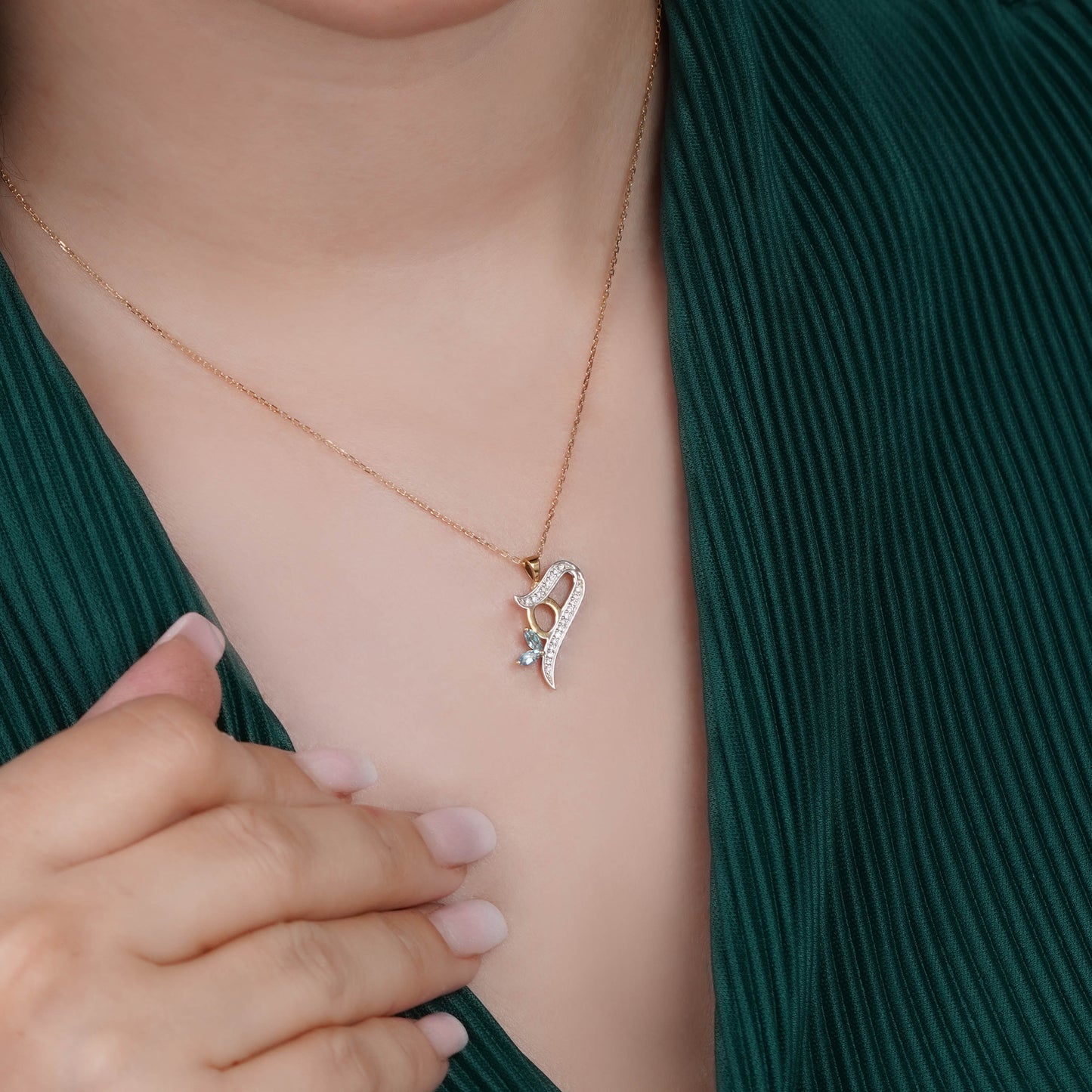 18k Yellow Gold ‘Haa’ Arabic Letter Necklace with Natural Diamonds & Blue Topaz | Horoufi Diamond Collection