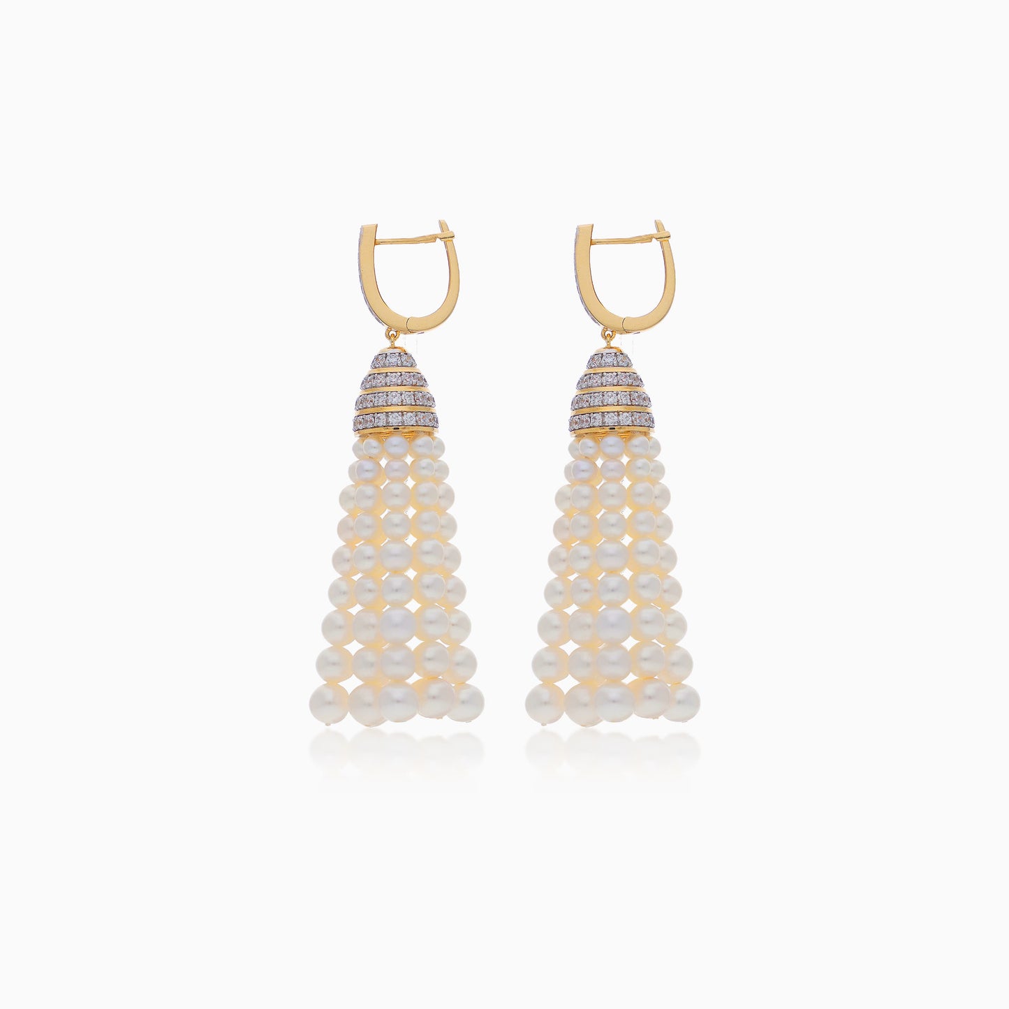 18K YELLOW GOLD EARRING DECORATED WITH ZIRCON STONES AND DANGLING PEARLS