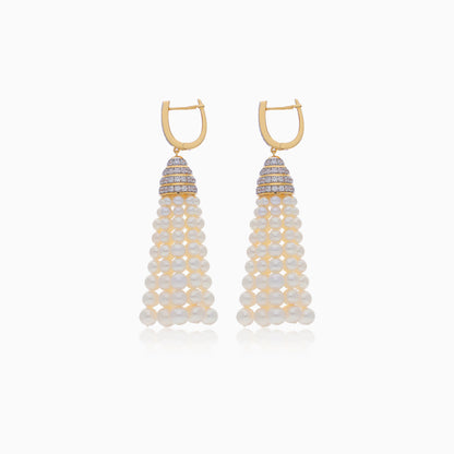 18K YELLOW GOLD EARRING DECORATED WITH ZIRCON STONES AND DANGLING PEARLS