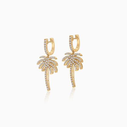 18K Yellow Gold Hoop Earrings with Dangling Palm Tree-Shaped Design Decorated with Natural Diamond | Al Nakhla Collection