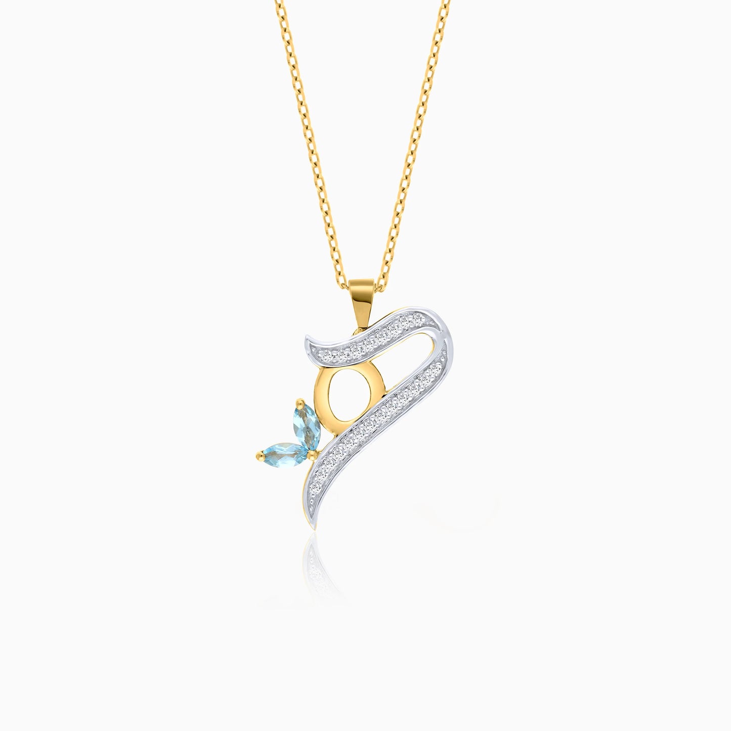 18k Yellow Gold ‘Haa’ Arabic Letter Necklace with Natural Diamonds & Blue Topaz | Horoufi Diamond Collection