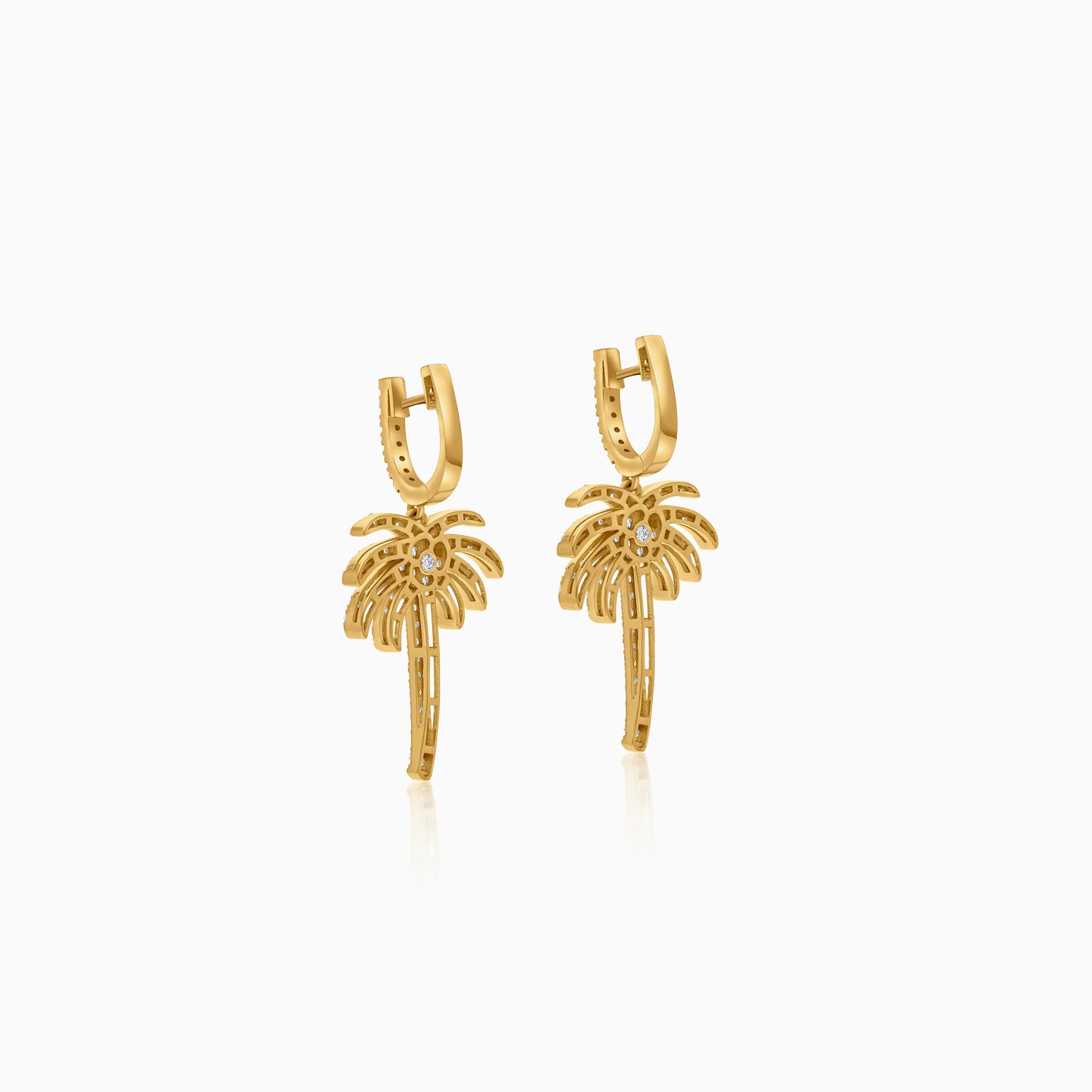 18K Yellow Gold Hoop Earrings with Dangling Palm Tree-Shaped Design Decorated with Natural Diamond | Al Nakhla Collection