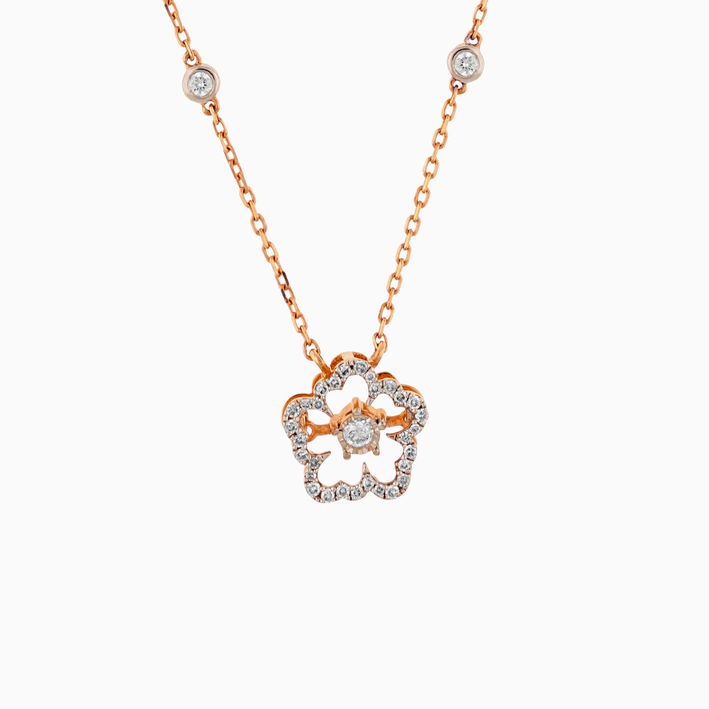 18K ROSE GOLD NECKLACE FLOWER SHAPE DECORATED WITH DANCING NATURAL DIAMOND STONES