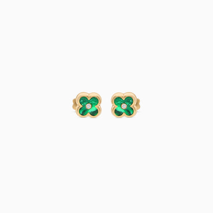 18k Yellow Gold Green Enamel Flower Earrings with Zircon Stone | Spanish Kids Collection