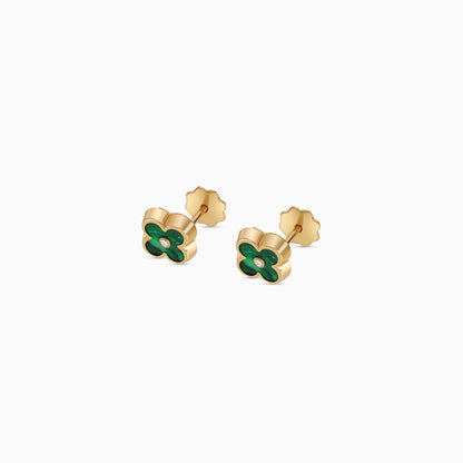 18k Yellow Gold Green Enamel Flower Earrings with Zircon Stone | Spanish Kids Collection