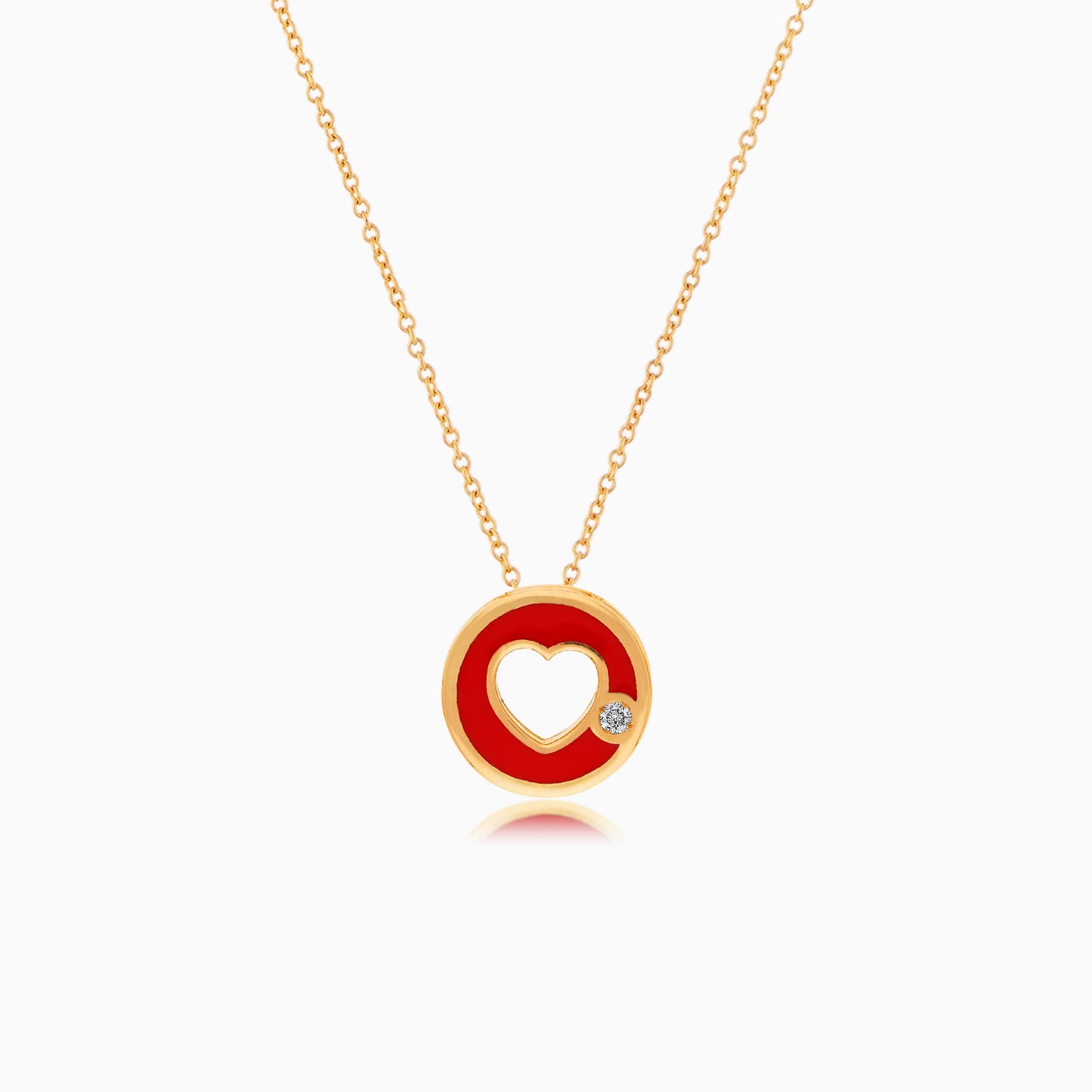 18K YELLOW GOLD NECKLACE HEART SHAPE DECORATED BY NATURAL DIAMOND STONES AND RED ENAMEL FOR KIDS