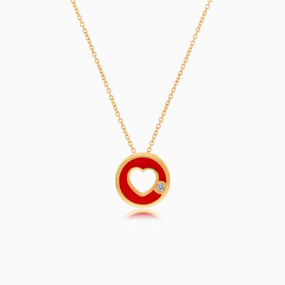 18K YELLOW GOLD NECKLACE HEART SHAPE DECORATED BY NATURAL DIAMOND STONES AND RED ENAMEL FOR KIDS