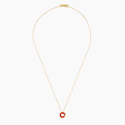 18K YELLOW GOLD NECKLACE HEART SHAPE DECORATED BY NATURAL DIAMOND STONES AND RED ENAMEL FOR KIDS