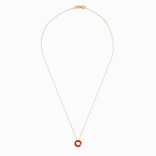 18K YELLOW GOLD NECKLACE HEART SHAPE DECORATED BY NATURAL DIAMOND STONES AND RED ENAMEL FOR KIDS