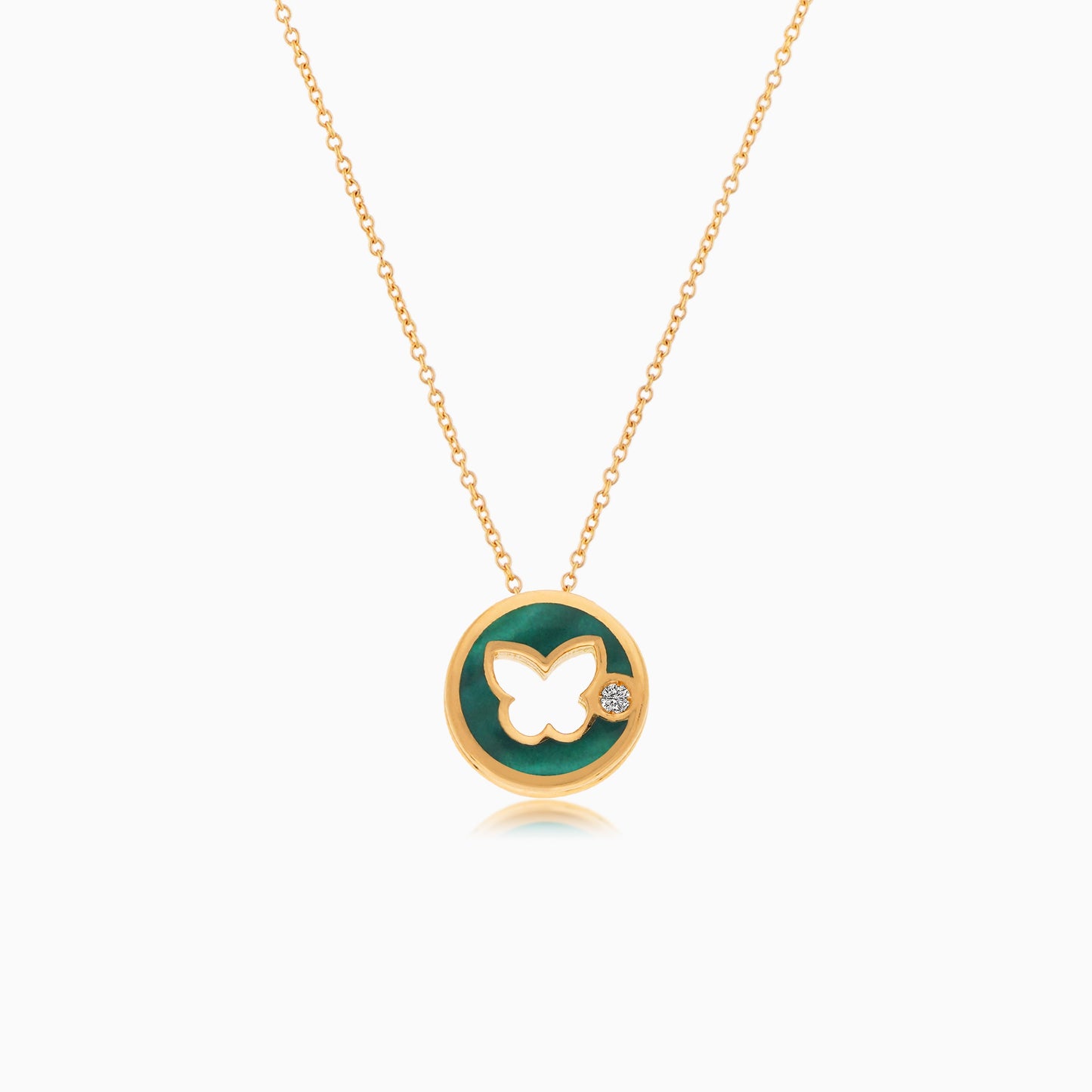 18K YELLOW GOLD NECKLACE BUTTERFLY SHAPED DECORATED BY NATURAL DIAMOND STONES AND MALACHITE FOR KIDS
