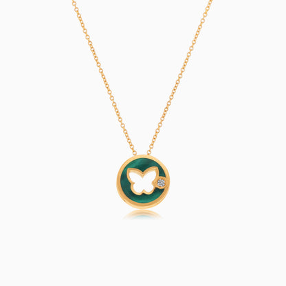 18K YELLOW GOLD NECKLACE BUTTERFLY SHAPED DECORATED BY NATURAL DIAMOND STONES AND MALACHITE FOR KIDS