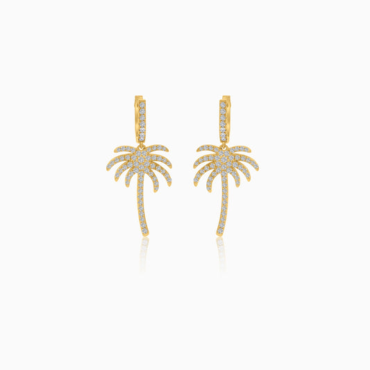 18K Yellow Gold Hoop Earrings with Dangling Palm Tree-Shaped Design Decorated with Natural Diamond | Al Nakhla Collection