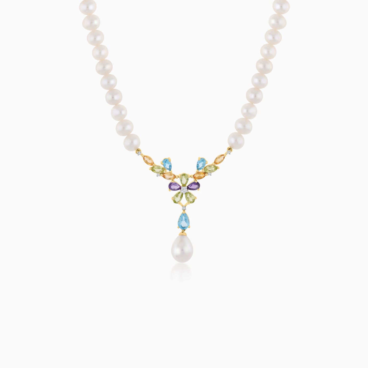 18K  YELLOW GOLD PEARL NECKLACE WITH NATURAL DIAMOND & GEMSTONES