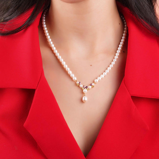 18K Yellow Gold Pearl Necklace with Diamonds & Gemstones – Danah Collection