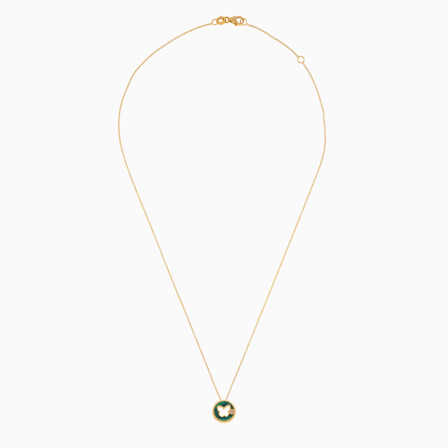 18K YELLOW GOLD NECKLACE BUTTERFLY SHAPED DECORATED BY NATURAL DIAMOND STONES AND MALACHITE FOR KIDS