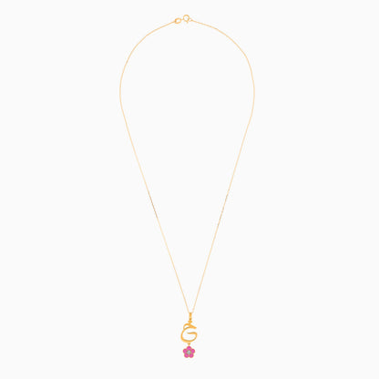18K Yellow Gold Kids Necklace with 'Khaa' Letter & Pink Flower | Horoufi Kids Collection