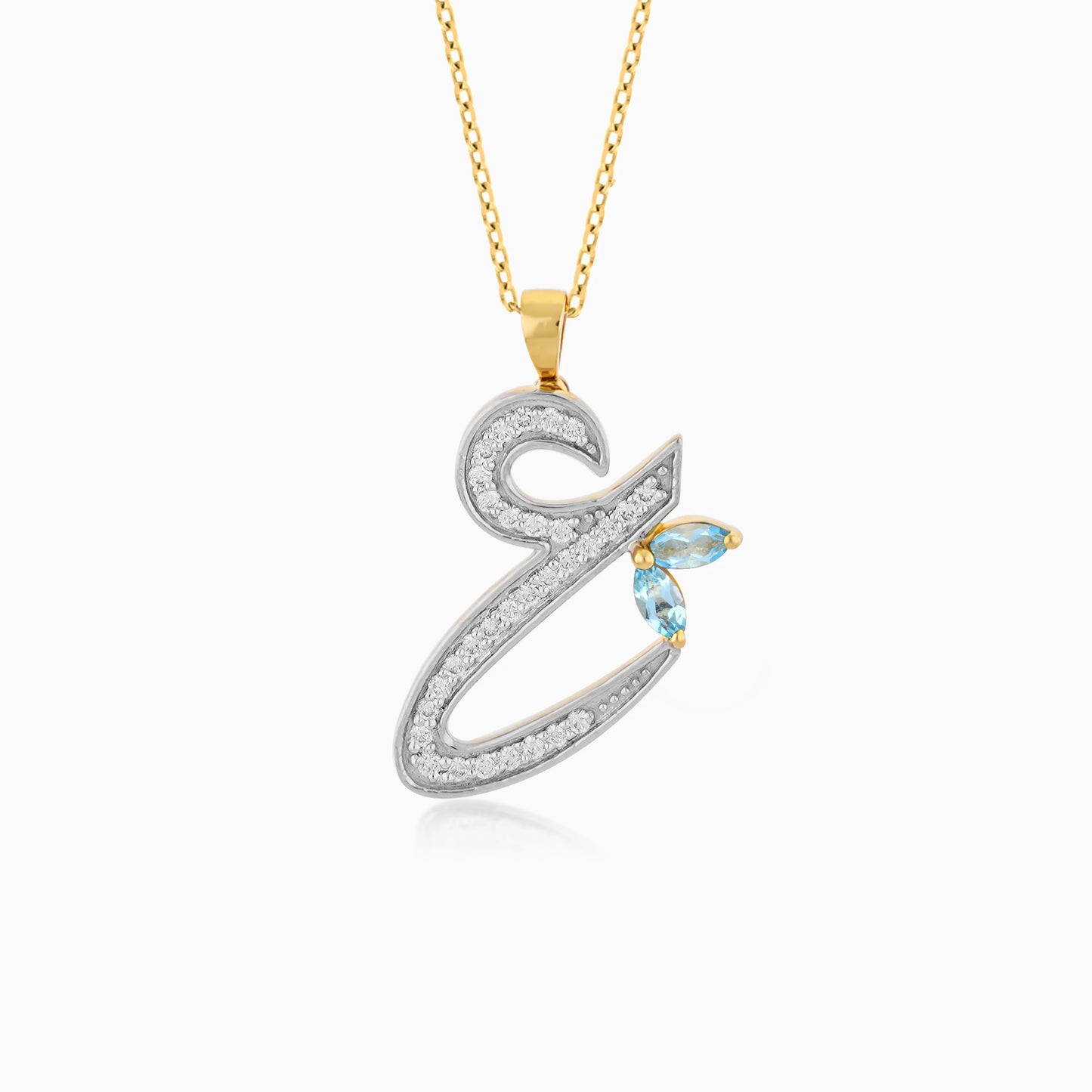 18K Yellow Gold ‘Ain’ Arabic Letter Necklace with Natural Diamonds & Blue Topaz | Horoufi Diamond Collection