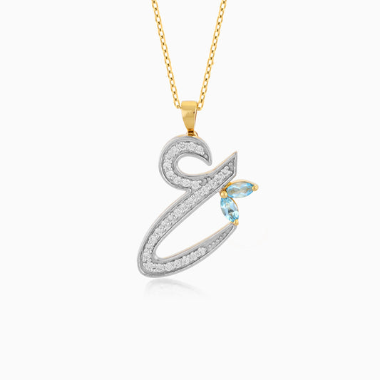 18k yellow gold ‘Ain’ arabic letter necklace decorated With Natural Diamond and blue topaz stones