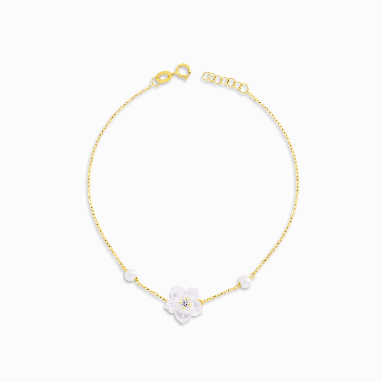 18K Gold Bracelet with Mother of Pearl Flowers & Pearls