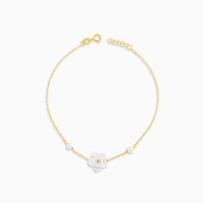 18K Gold Bracelet with Mother of Pearl Flowers & Pearls