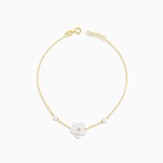 18K Gold Bracelet with Mother of Pearl Flowers & Pearls
