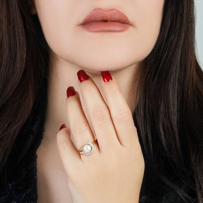 Elegant Pearl & Zircon Ring in 18k Yellow Gold | Danah Collection