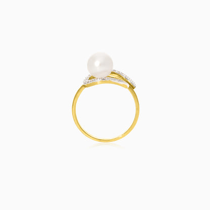 Elegant Pearl & Zircon Ring in 18k Yellow Gold | Danah Collection