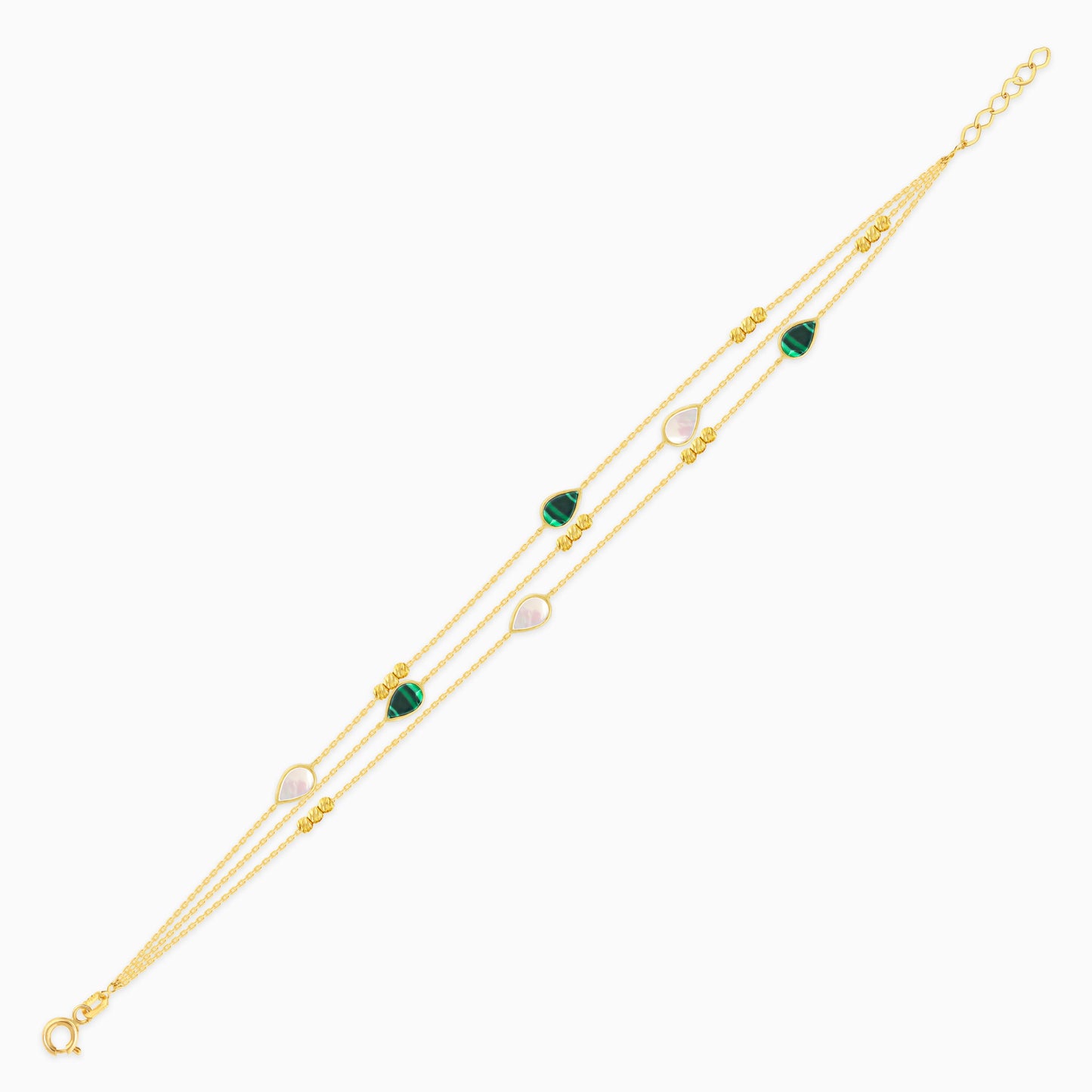 18k yellow gold bracelet three-layer decorated with mother of pearl and malachite stones in drop shape from Eclat collection