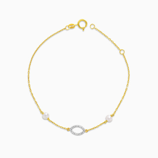 18K Yellow Gold Oval Bracelet with Diamonds and Pearls – Danah Collection