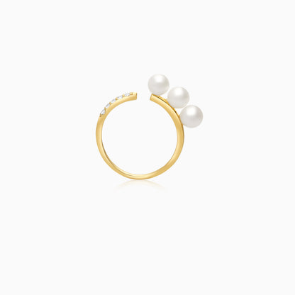 18k yellow gold open ring decorated with pearl and zircon stones