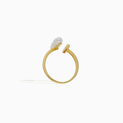 18K Yellow Gold RING DECORATED WITH PEARLS AND ZIRCON STONES